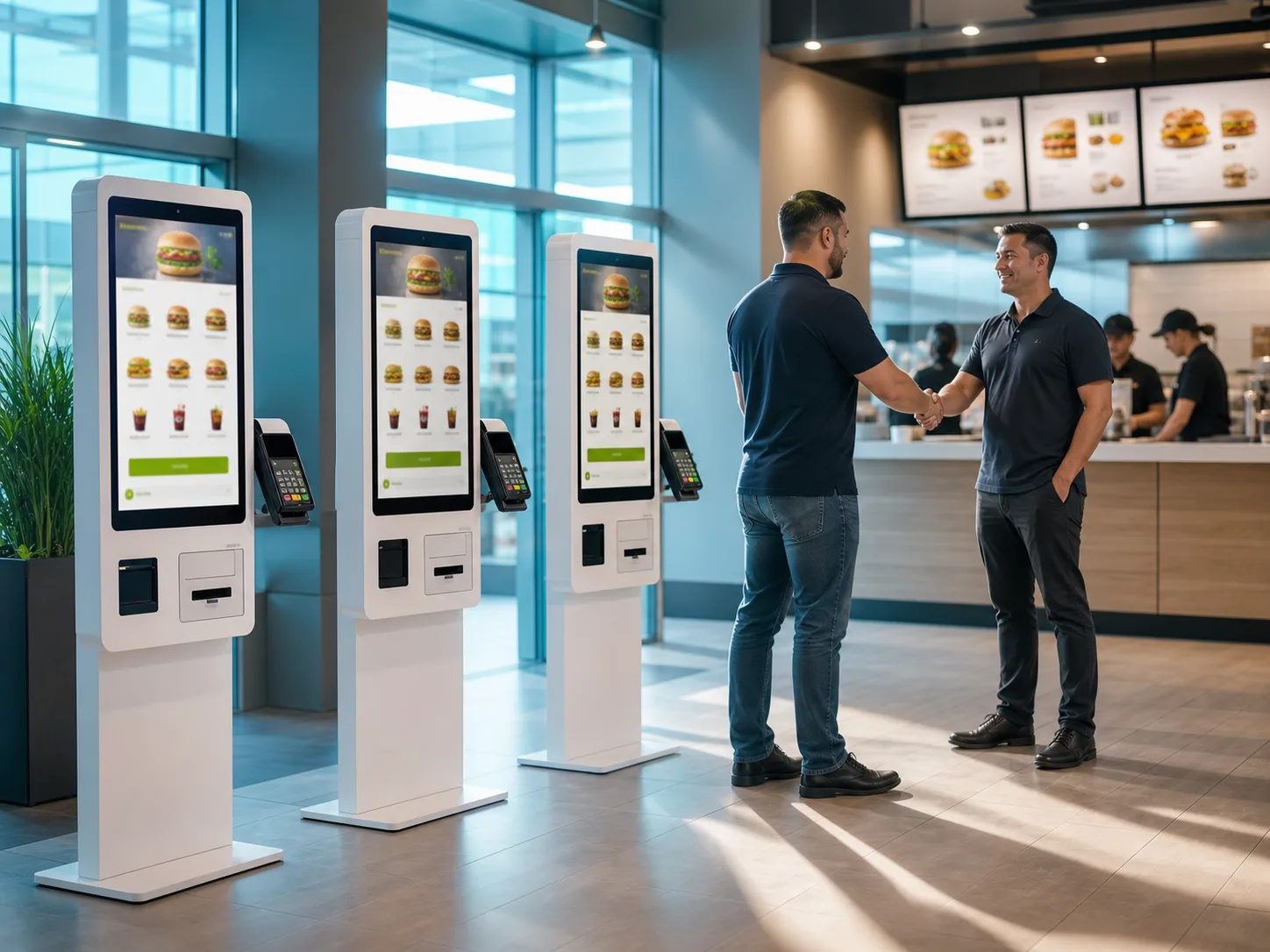 XPR reseller and restaurant operator beside self-ordering kiosks