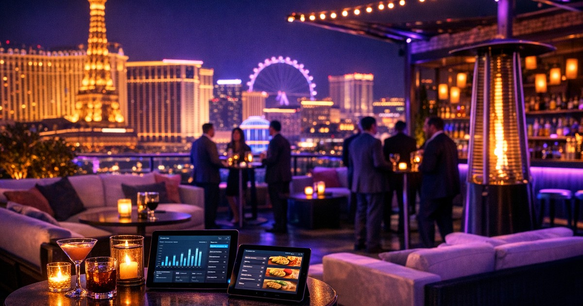 MURTEC After Dark party sponsored by XPR POS at Caesars Palace rooftop with neon lighting and Las Vegas skyline">