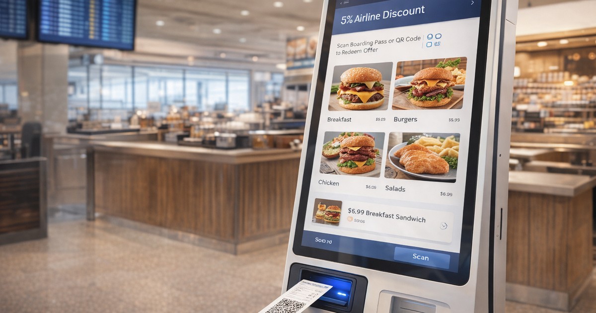 Airport self-ordering kiosk with boarding pass scanner at an F&B outlet terminal
